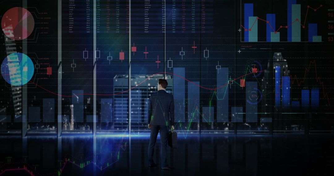 Businessman Analyzing Financial Data with Digital Panels