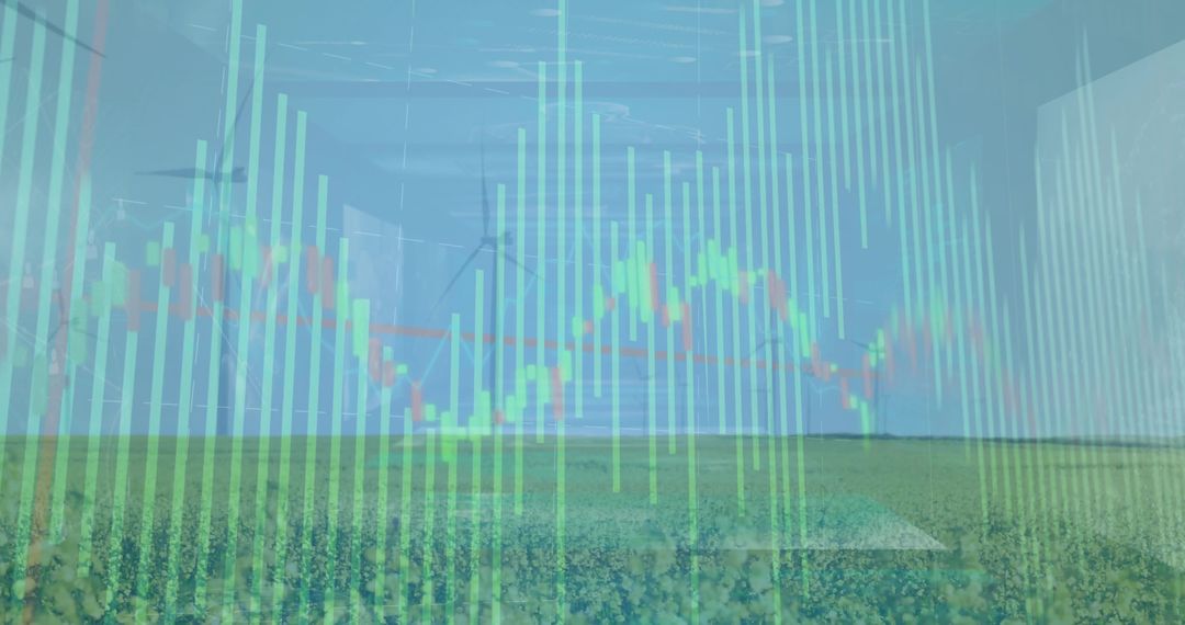 Bar Chart Overlay on Farm with Wind Turbines Symbolizing Green Innovation