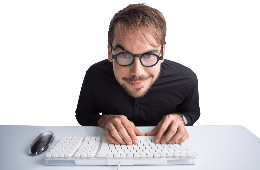 Excited Young Man Using Transparent Computer Keyboard Desk