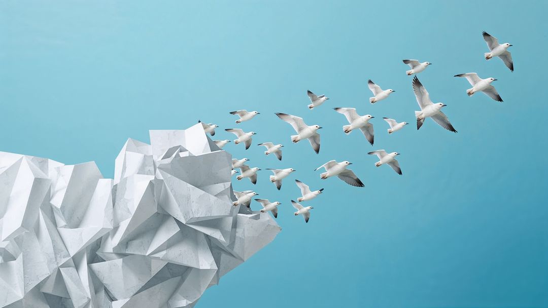 White Seagulls Flying Over Low-Poly Rock Formation in Minimal Background