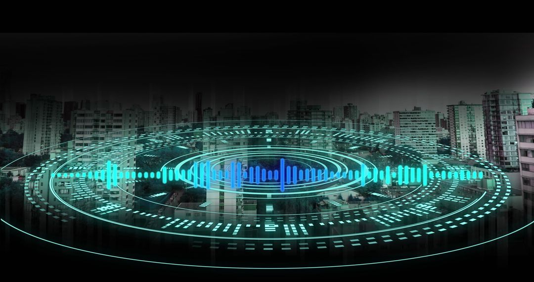 Futuristic Neon Cityscape with Circular Technological Concept