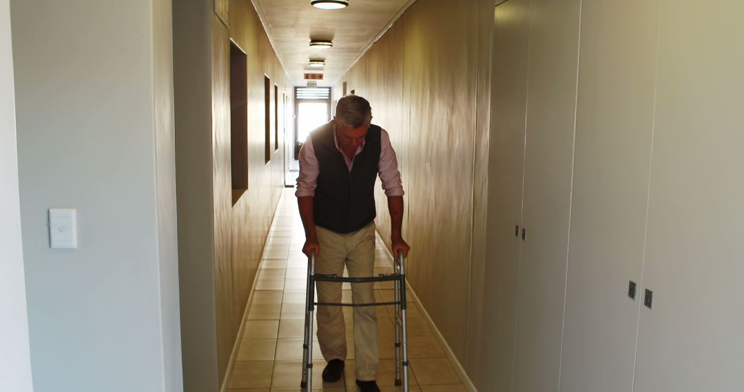 Senior Male Using Walker in Hallway of Retirement Home - Free Images, Stock Photos and Pictures on Pikwizard.com