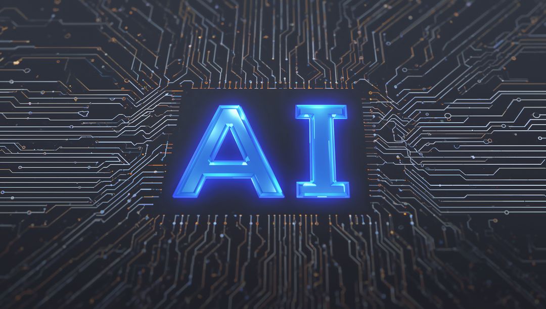 Glowing Blue AI Letters on Digital Circuit Board Future Technology