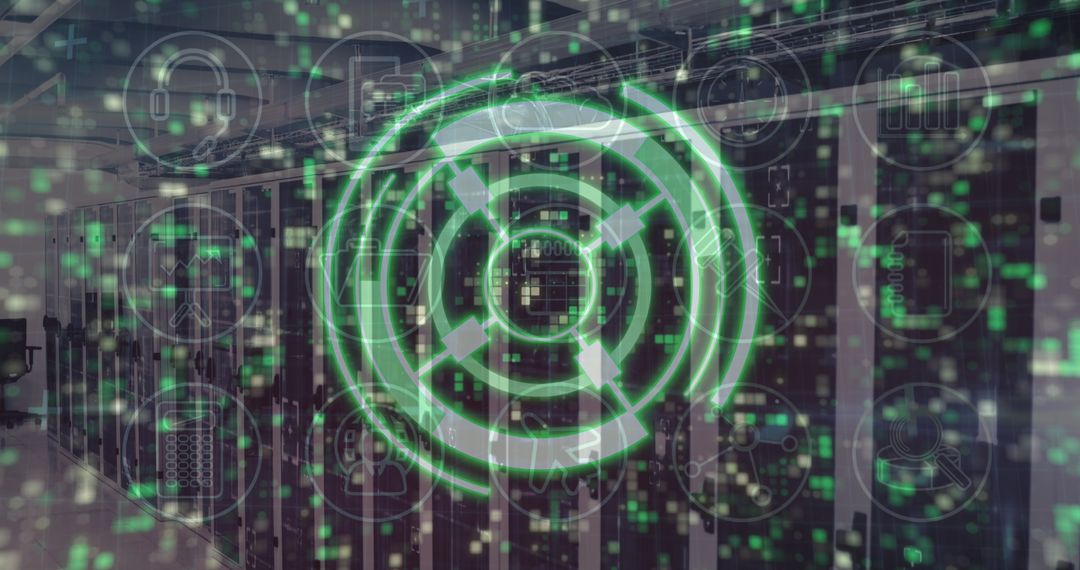 Digital Security Infographic Over Data Center Servers