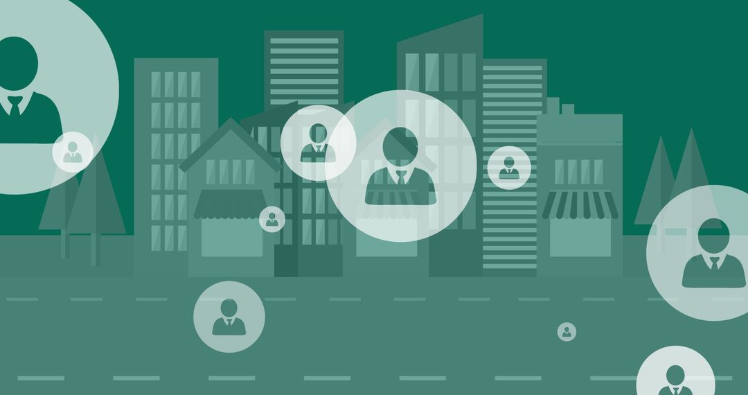 Digital Media Icons Overlay on Urban Buildings Blueprint