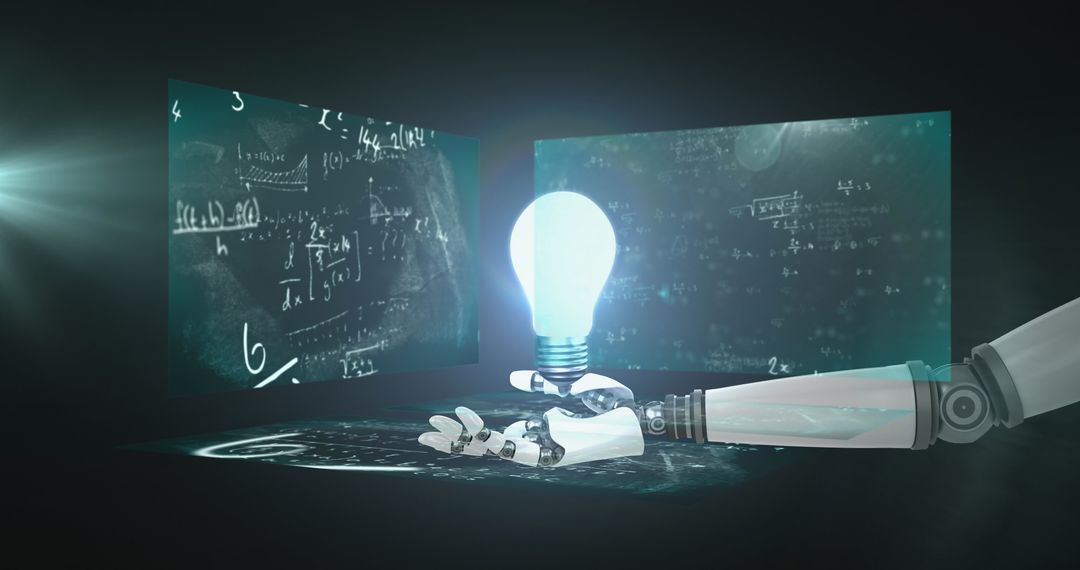 Robotic Hand Holding Light Bulb with Equations in Background