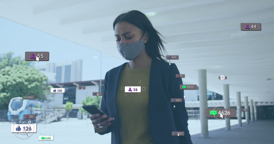 Woman with Mask Using Smartphone and Digital Social Media Overlays