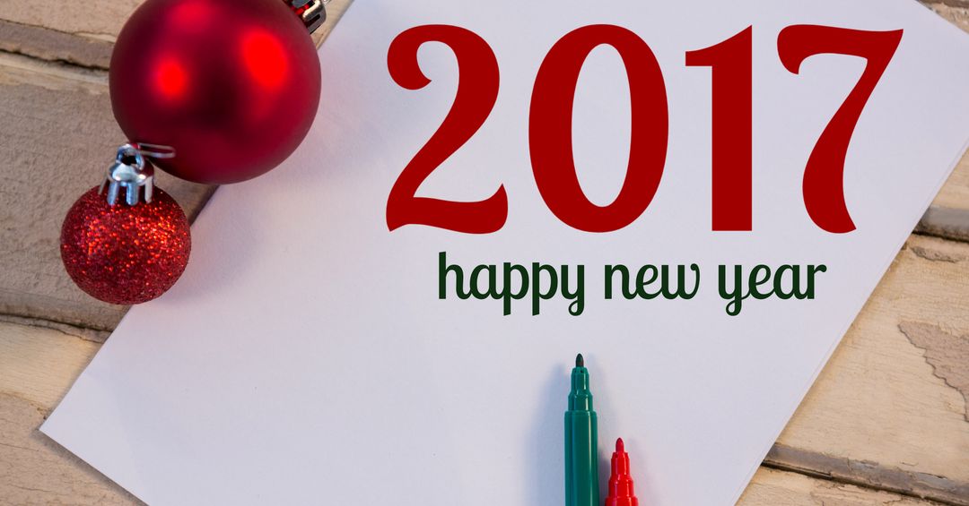 Festive New Year 2017 Card with Red Ornaments