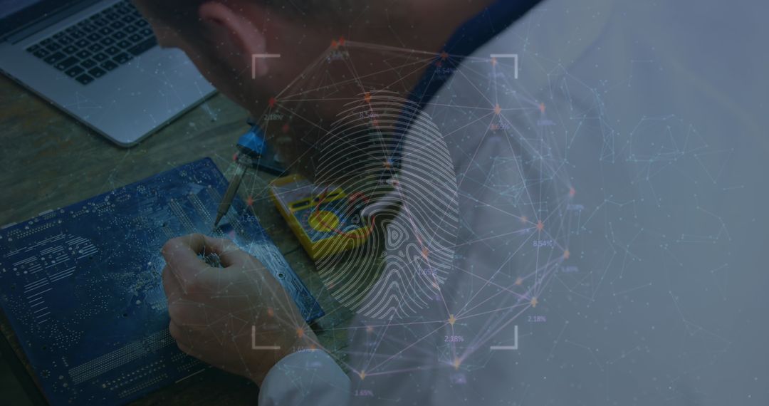 Technician Analyzing Circuit Design with Digital Fingerprint Overlay