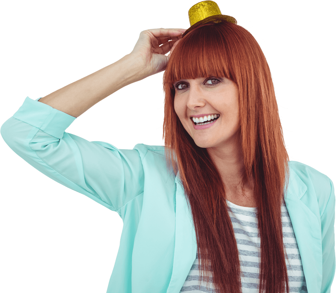 Playful Woman in Transparent Background Wearing Tiny Gold Party Hat
