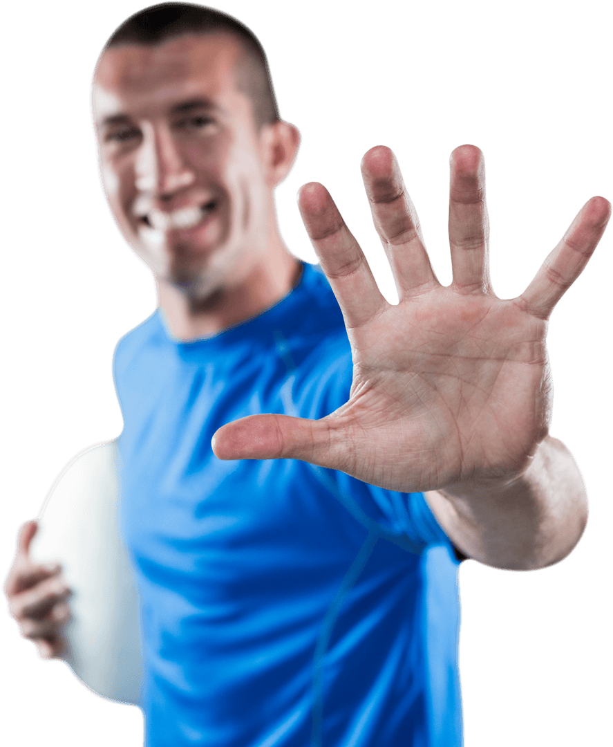 Happy Rugby Player Holding Ball with Hand Transparent Gesture