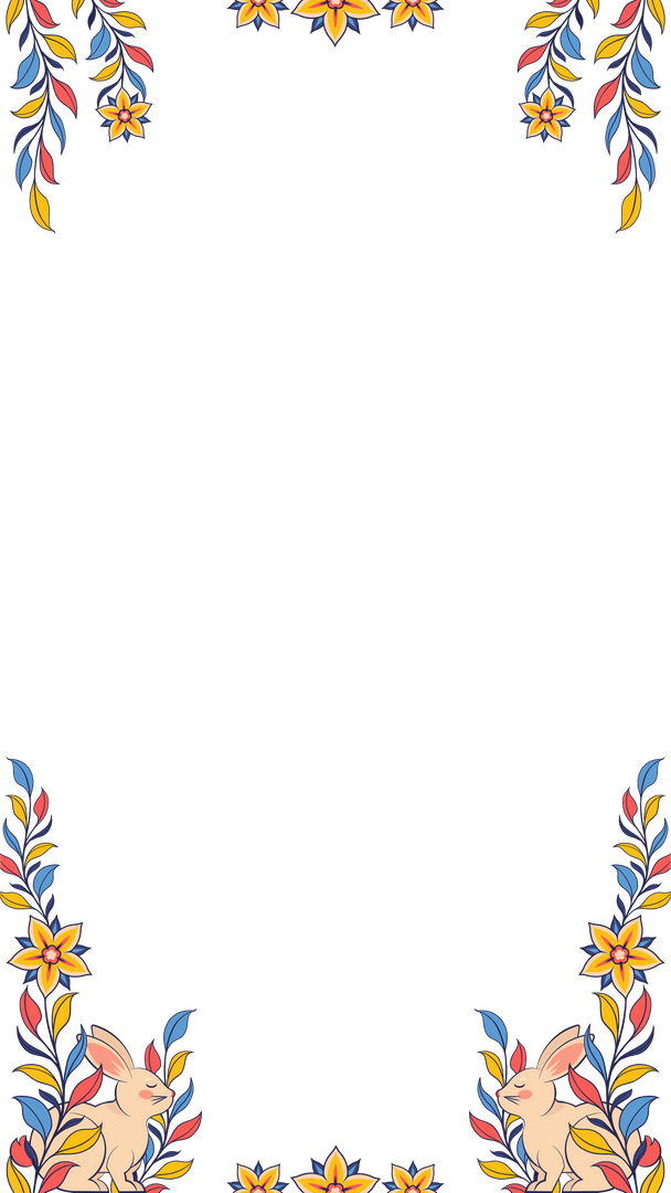 Ornate Floral Border with Playful Rabbits on Transparent Background