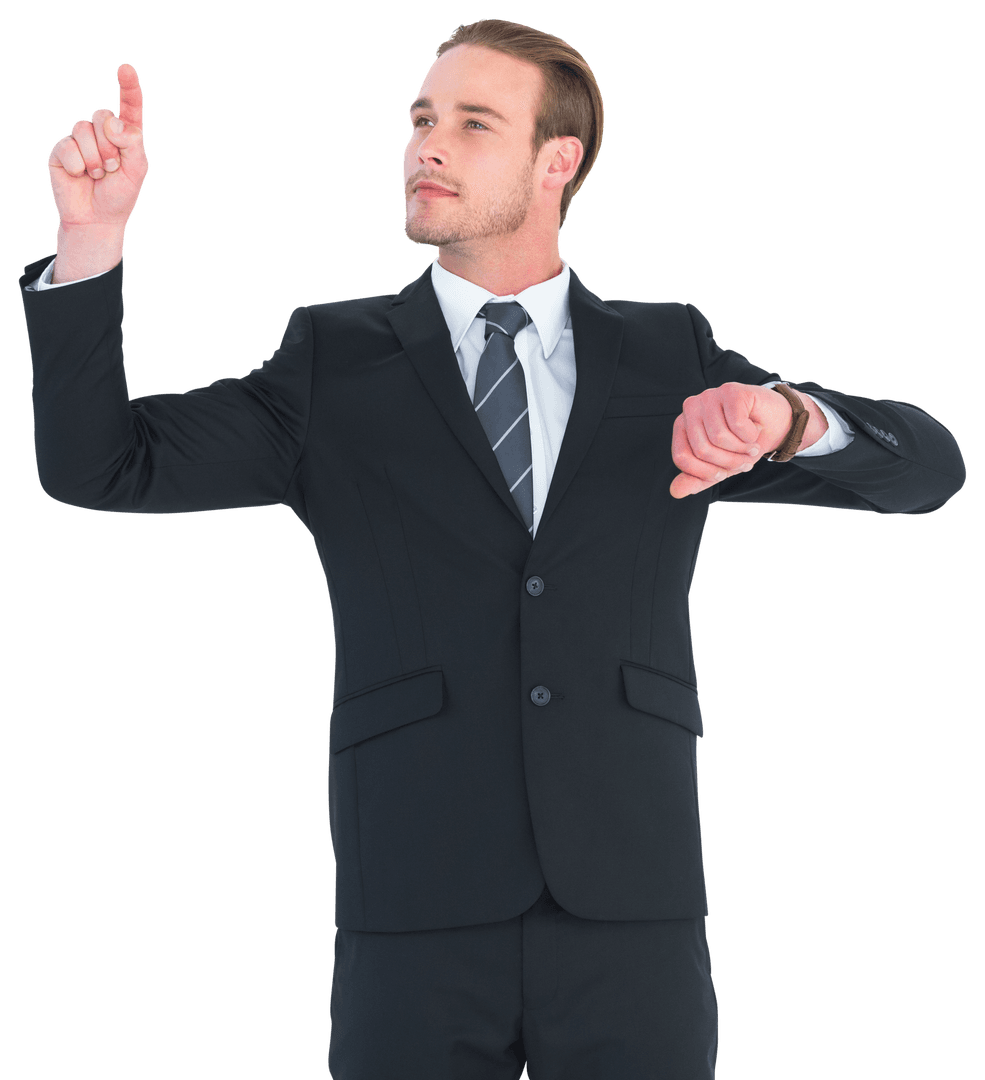 Cheerful Businessman in Black Suit Pointing Up Transparent Background