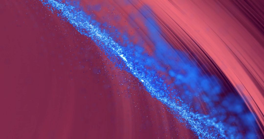 Blue Wave Particles Flowing in Dynamic Motion on Red Background