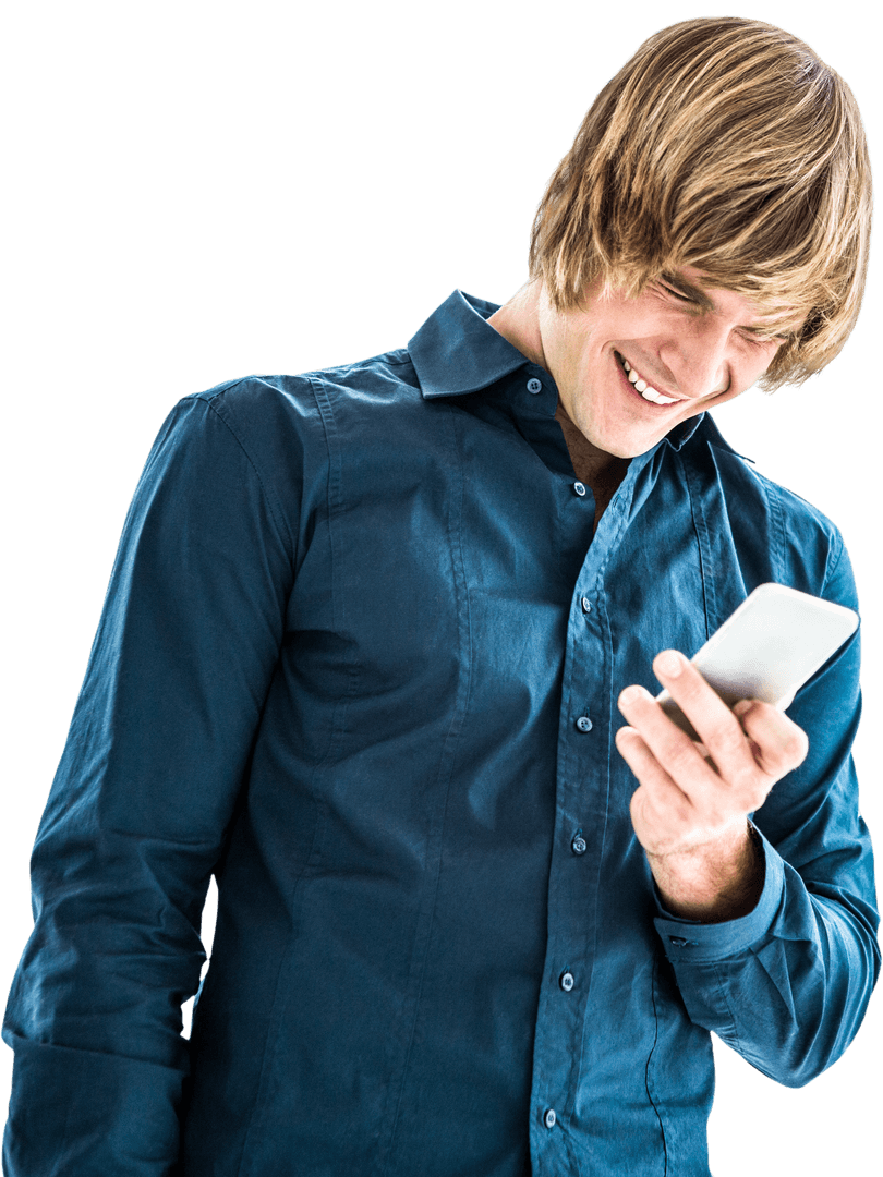 Smiling Young Professional Looking at Smartphone on Transparent Background