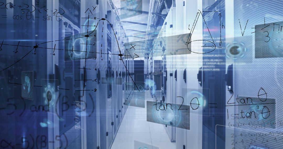 Futuristic Data Processing in Server Room with Digital Interface Graphics