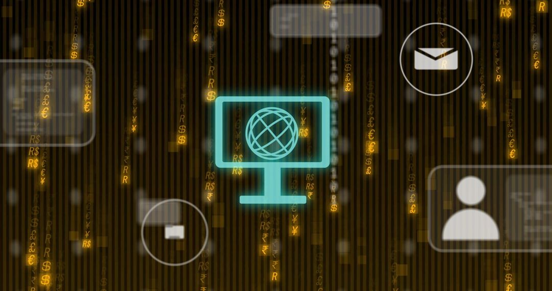 Digital interface icons and globe over binary coding