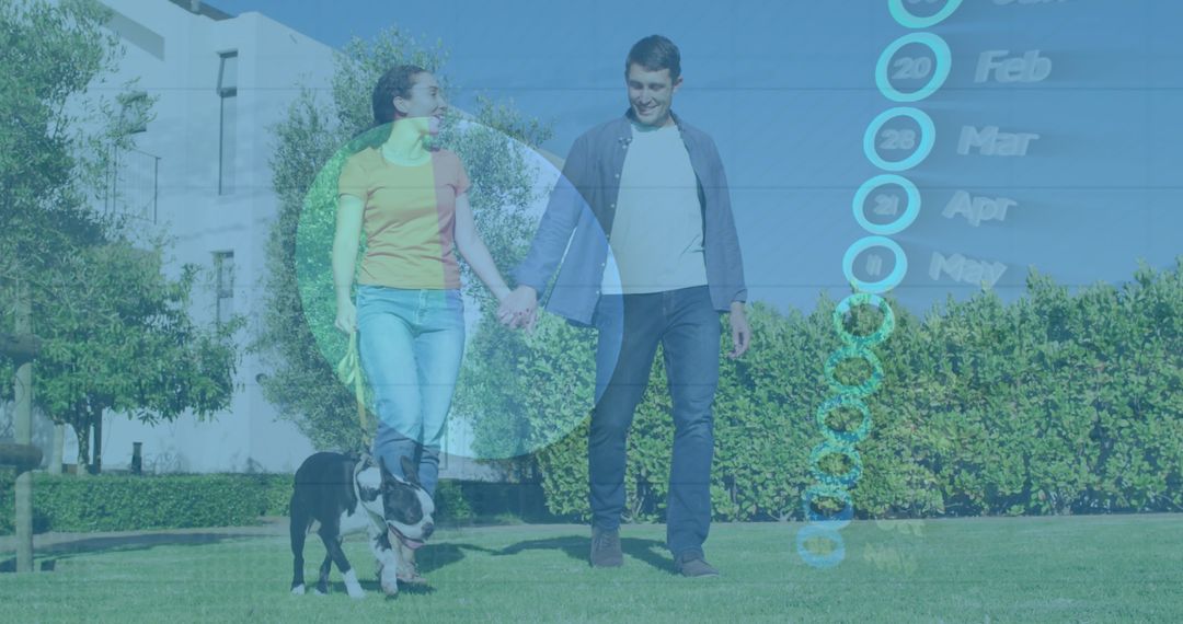 Couple Walking Dog with Financial Data Overlay