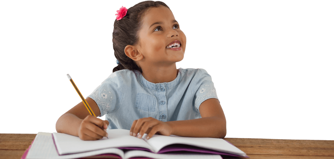 Transparent Background of Smiling Girl Studying with Pencil in Hand