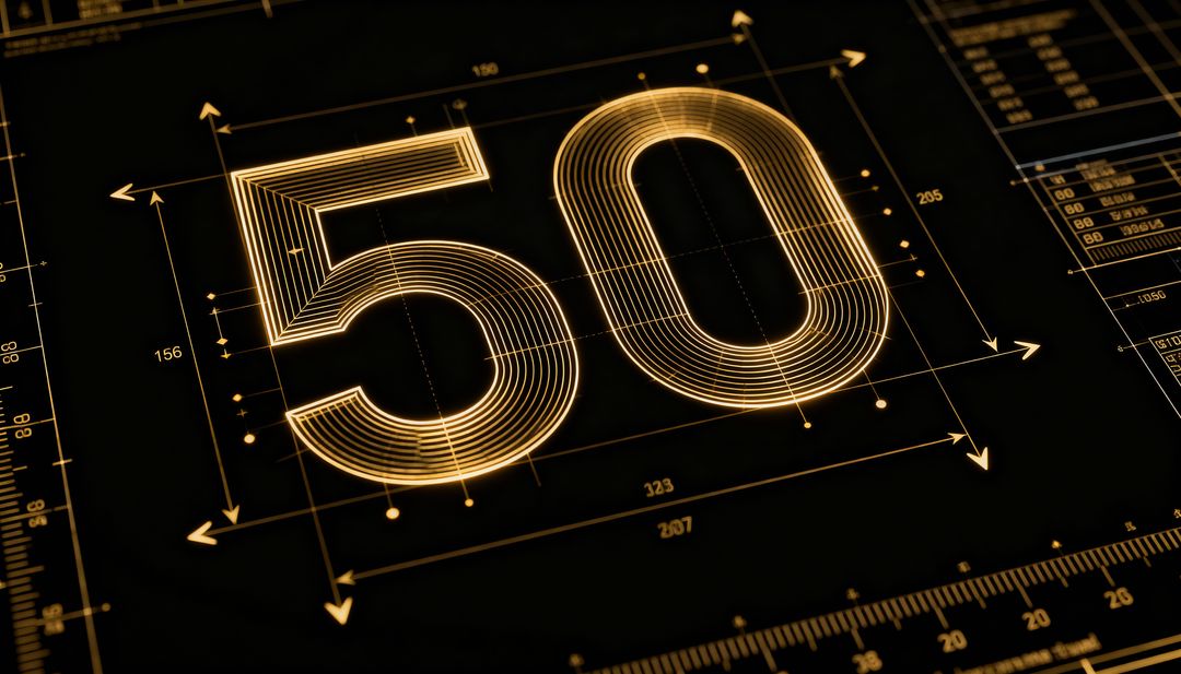 Glowing Golden 50 Blueprint HUD with Layered Line Rings, Measurement Grid and Ruler