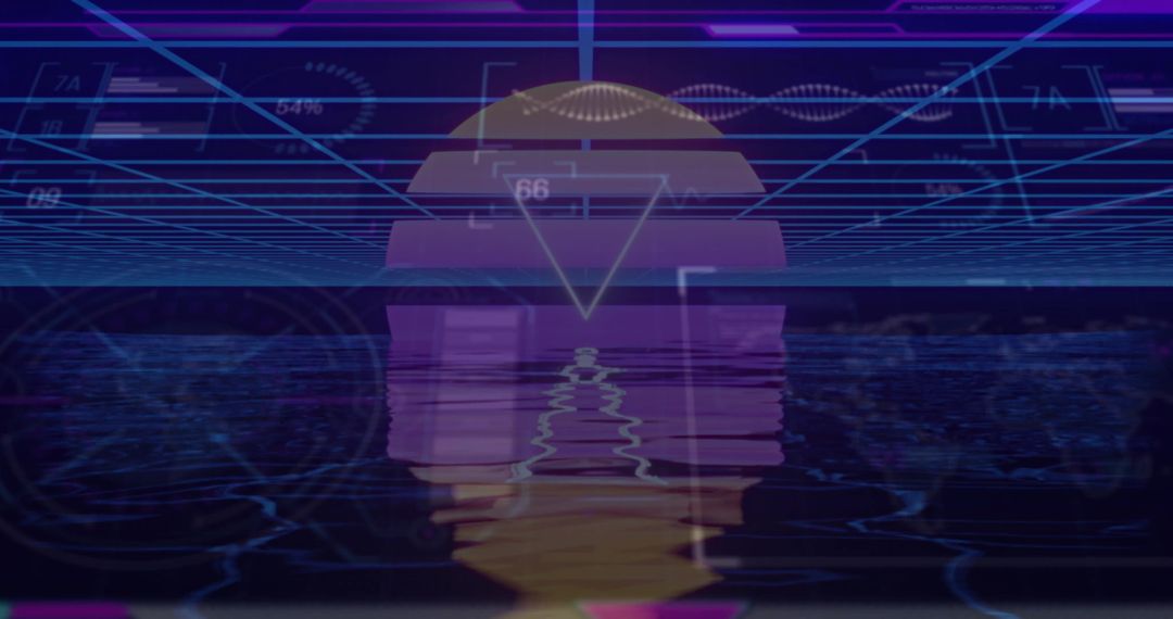 Glowing Neon Sun Over Futuristic Waters with Digital Elements