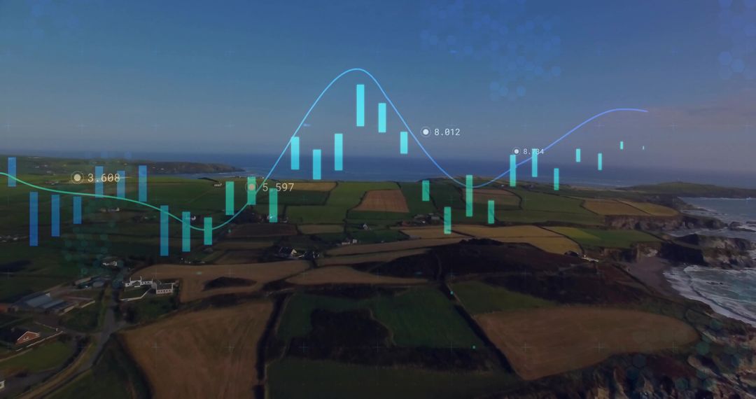 Financial Data Overlay on Coastal Farmland Landscape