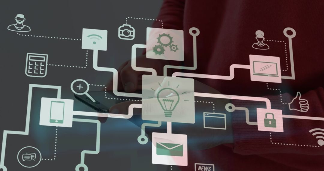 Technology Icons Overlay on Hands Typing on Keyboard