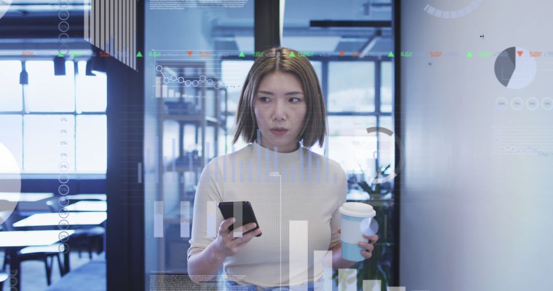 Asian Businesswoman Using Smartphone with Data Interface Overlay
