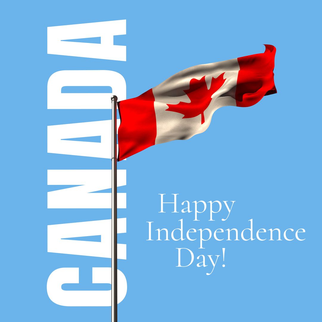 Canadian Flag Waving with Independence Day Text on Blue