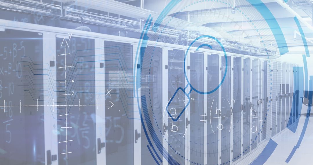 Digital Composite of Magnifying Glass and Math Overlays in Tech Data Center