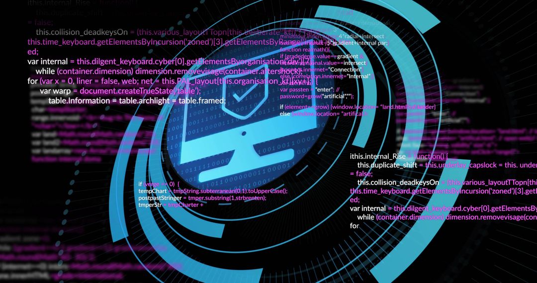 Blue Cybersecurity HUD Emblem with Laptop Checkmark, Neon Digital Dashboard Visualization