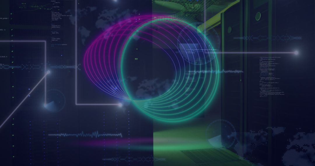 Futuristic Digital Interface Over Server Room in Business Technological Concept