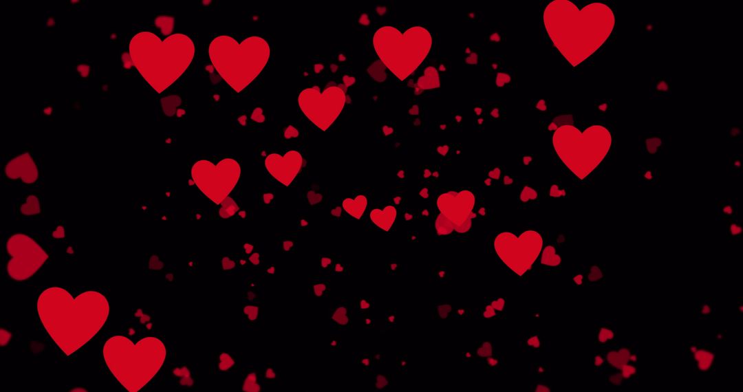 Floating Red Hearts on Black Background for Romantic Themes