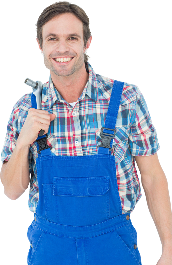 Confident Plumber Holding Tool in Bright Blue Overalls Transparent Background - Download Free Stock Images Pikwizard.com