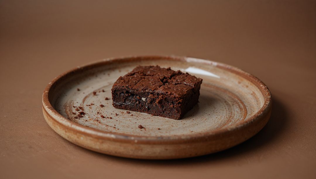 Fudgy Chocolate Brownie Sitting on Rustic Ceramic Plate with Crumbs