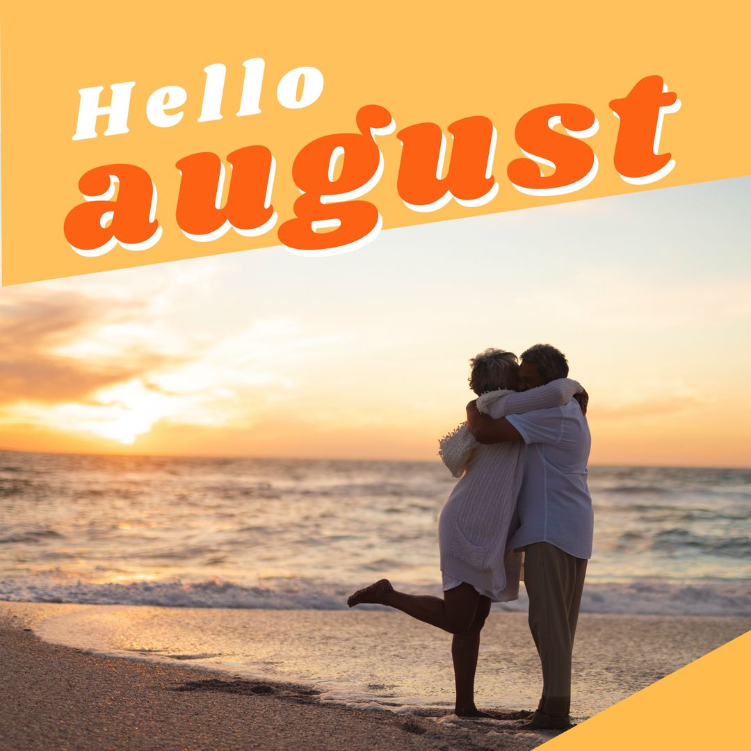 Happy Senior Couple Embracing on Beach with Hello August Text