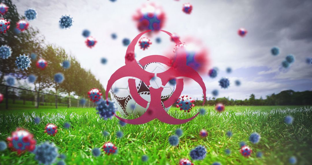 Coronavirus Impact on Soccer: Biohazard Symbol in Empty Stadium