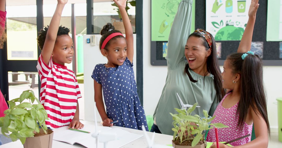 Teacher and Children Enthusiastically Engaging in Environmental Project