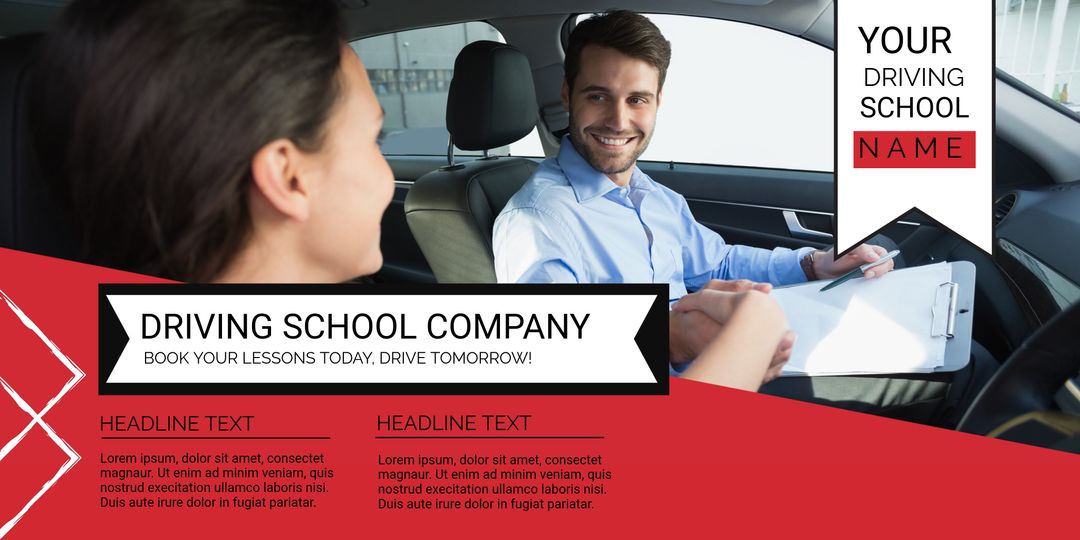 Driving School Promotional Banner with Instructor and Student in Car - Download Free Stock Templates Pikwizard.com