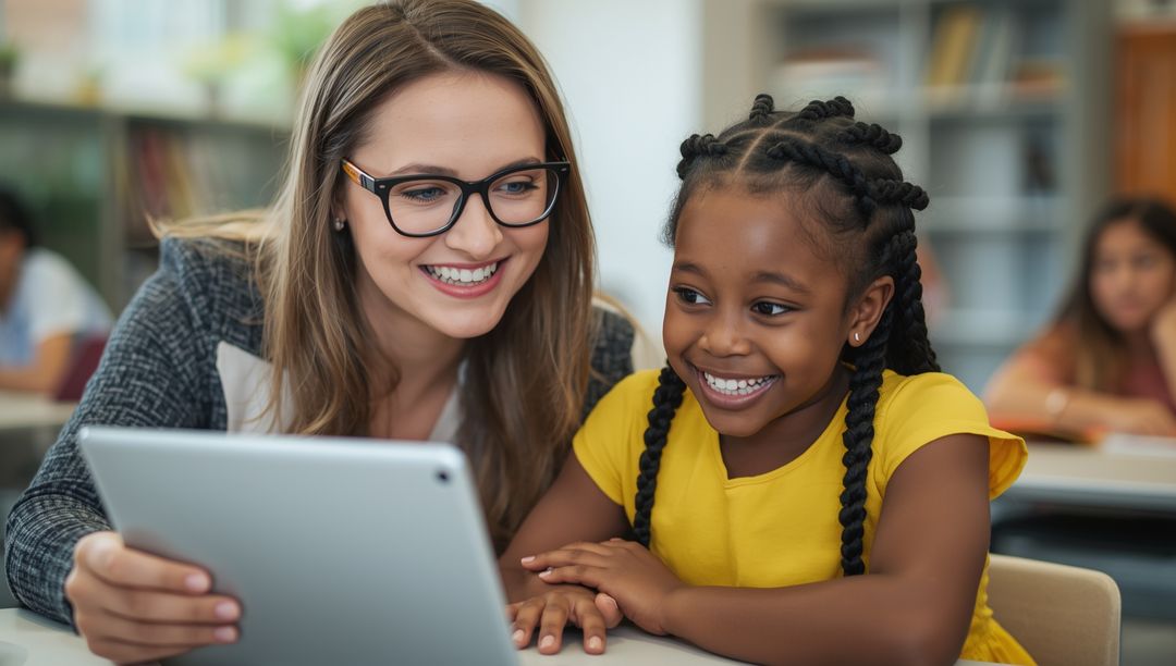 Teacher Guiding Student with Tablet in Classroom Setting
