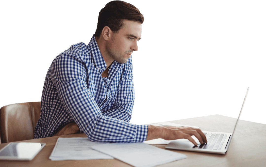 Transparent Businessman Using Laptop at Desk Concept