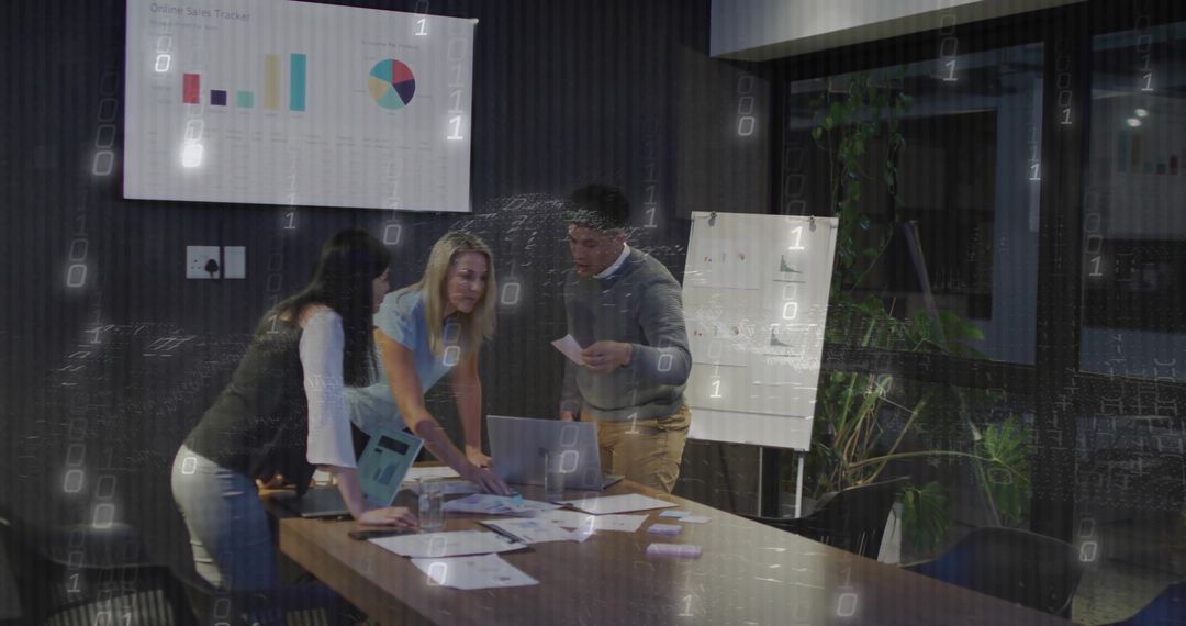 Diverse Team Collaborating Over Data in Conference Room With Digital Overlay