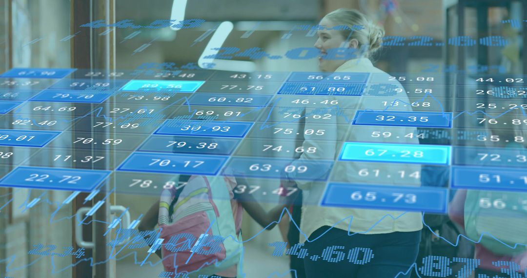 Walking guardian guiding children through glass lobby with blue digital data overlay