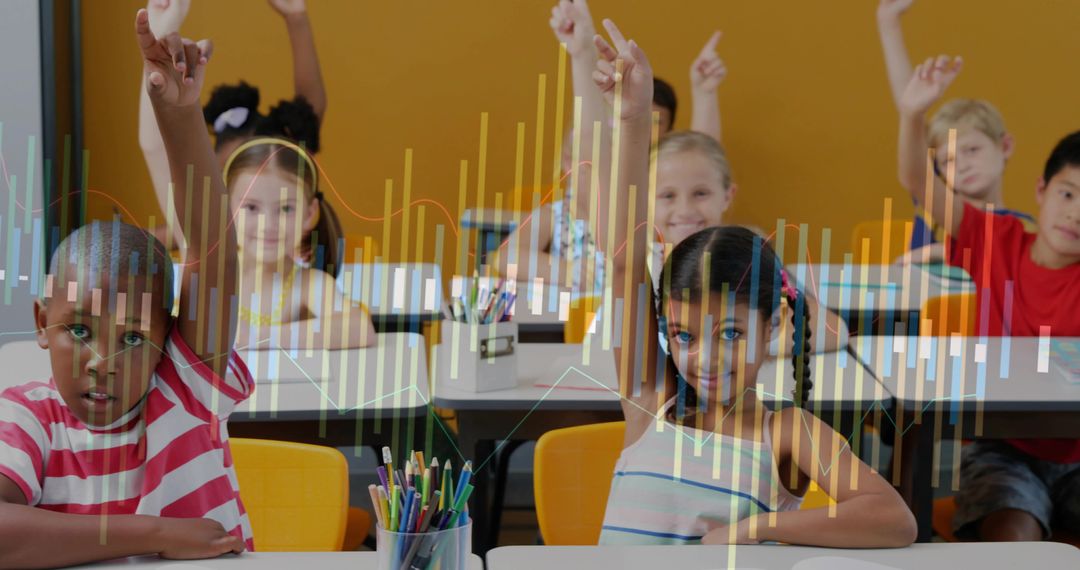 Diverse Elementary Students Raising Hands and Engaging in Active Classroom Learning