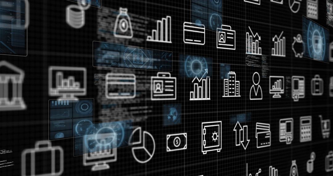 Digital Dashboard with Business and Finance Icons in Futuristic Style