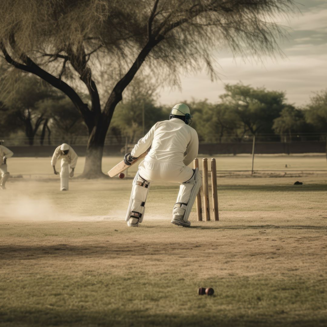 Cricket players on cricket field with trees, created using generative ai technology - Free Images, Stock Photos and Pictures on Pikwizard.com