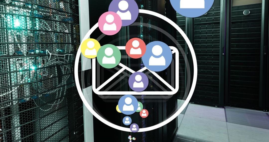 Digital Communication Icons Over Modern Server Room