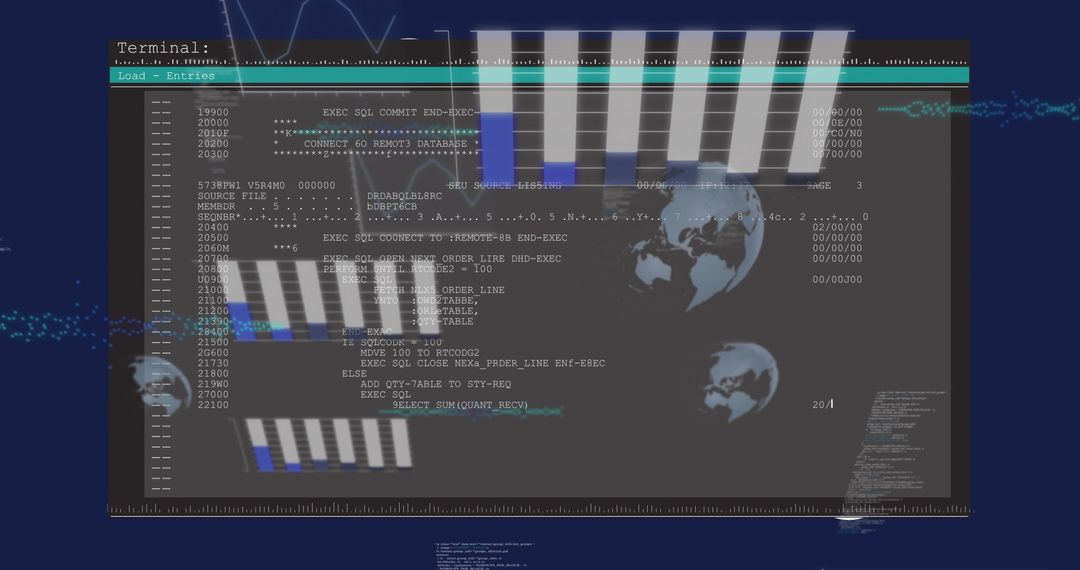 Sql coding on digital interface with data visualization and analysis