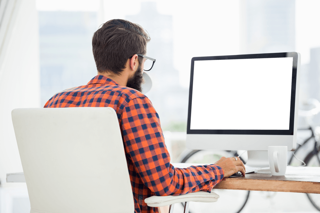Caucasian Businessman Using Computer with Blank Transparent Screen