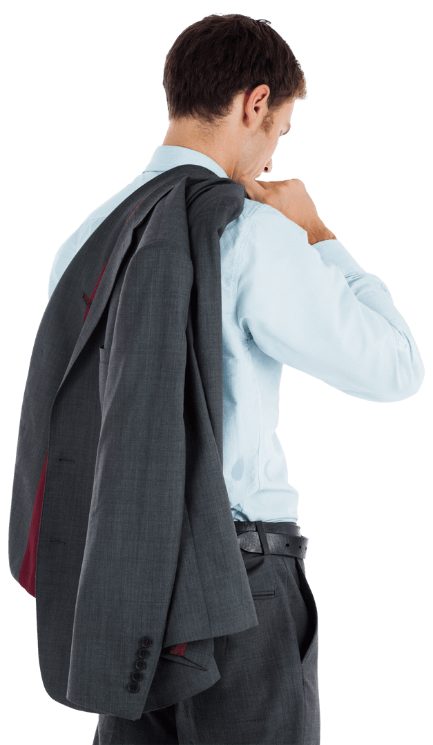 Transparent Businessman Putting on Suit Jacket Back View